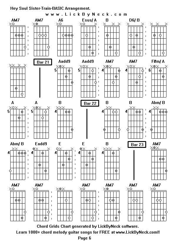 Chord Grids Chart of chord melody fingerstyle guitar song-Hey Soul Sister-Train-BASIC Arrangement,generated by LickByNeck software.